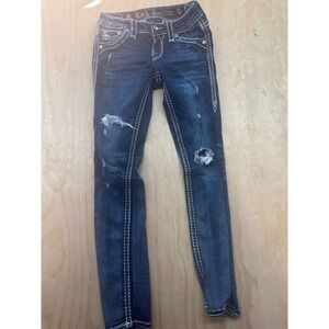 Rock Revival Celinda FA222 Skinny Jeans Women 23 Dark Wash Distressed Rhinestone